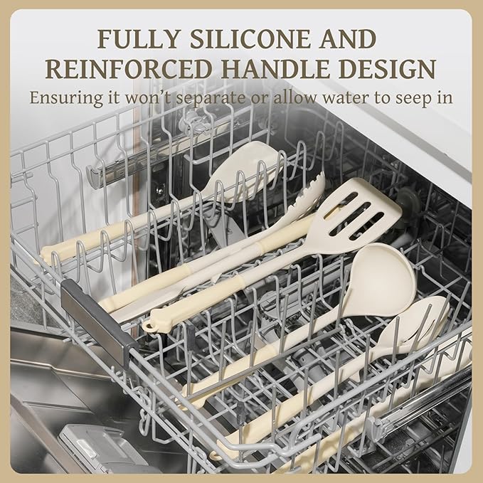 Kikcoin 43Pcs Large Kitchen Utensils Set - Silicone Cooking Utensils Set, Dishwasher Safe Spatula Set for Non-stick Cookware, 446°F Heat Resistant Kitchen Utensils Set with Holder BPA Free, Cream