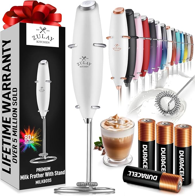 Zulay Kitchen Powerful Milk Frother Wand With 4 AA Duracell Batteries - Ultra Fast Handheld Drink Mixer - Electric Whisk Foam Maker for Coffee, Lattes, Cappuccino, Matcha & Creamer - Blizzard White