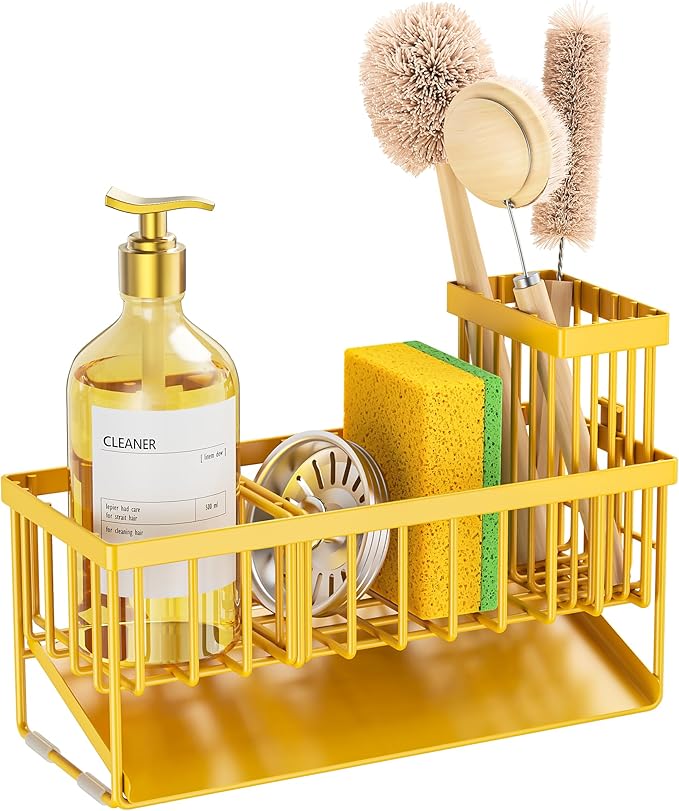 Cisily Lemon Yellow Sink Caddy Organzier with High Brush Holder, Sponge Holder for Sink, 304 Rustproof Stainless, Kitchen Countertop Soap Dispenser Organizer, Lemon Kitchen Decor and Accessories