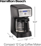 Hamiton Beach 12 Cup Compact Programmable Drip Coffee Maker with No-Drip Burosilicate Glass Carafe, 2-Hour Auto Shutoff, Space-Saving Design, Black with Stainless Steel Accents (46200)