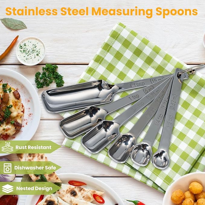 Stainless Steel Measuring Spoons Set of 6, Rectangular Metal Measuring Spoons for Dry & Liquid Ingredients, Slim Design Fits in Spice Jars, Kitchen Gadgets for Baking & Cooking