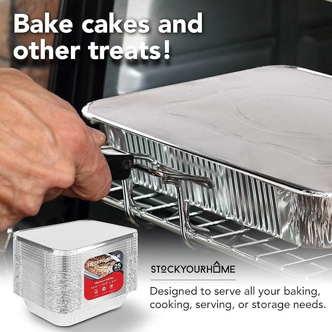 Stock Your Home Disposable Aluminum Pans with Lids 9x13 (25 Pans and 25 Lids), Food Containers for Baking, Cooking, Heating, Storing and Prepping