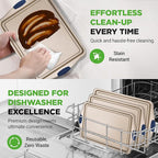 NutriChef Nonstick Baking Pans Set - Carbon Steel Bakeware with Blue Silicone Handles, Even Heat Distribution, Durable & Reliable 3-Piece Cookie Sheet Set in Small, Medium, Large Sizes (Gold)