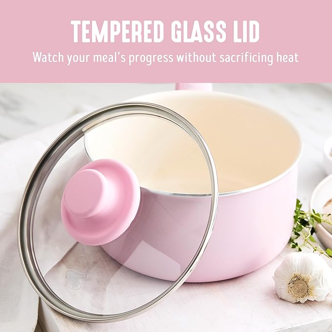 GreenLife 2.5QT Nonstick Saucepan with Glass Lid, Soft Grip, PFAS-Free Ceramic, Multipurpose Chef Pan, Milk & Sauce Cooking Pot, Dishwasher & Oven Safe to 350˚F, Stay-Cool Handle, Pink