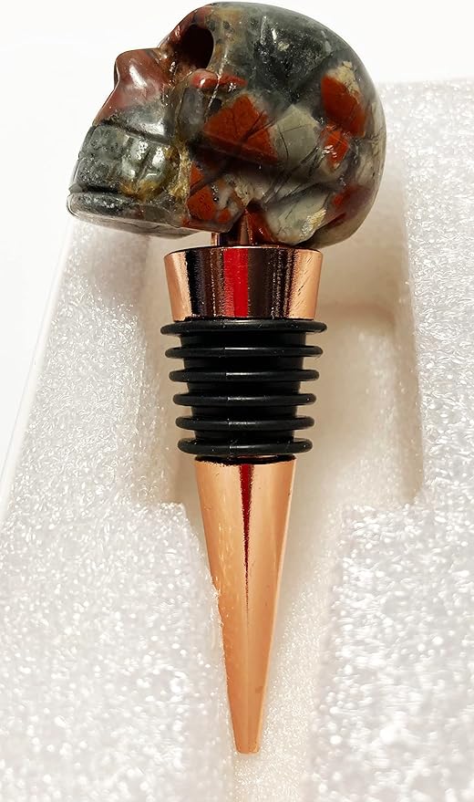 Mazeology’s Handcarved Gemstone Quality Bloodstone Carved SKULL Shaped Wine Bottle Stopper with Six Silicon Food Grade Rings and Rust-proof Aluminum to keep wine fresh.