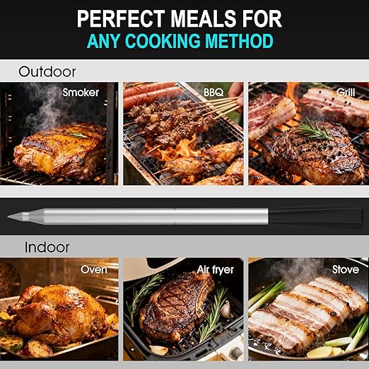 Wireless Meat Thermometer Bluetooth Digital, Smart Meat Thermometer with Booster Base, IP67 Waterproof Probe, ±1.8°F Accuracy, 100m Range, Rechargeable BBQ Cooking Thermometer for Grill, Smoker Black