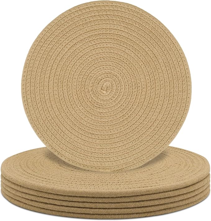 Round Placemats Set of 6, Cotton Rope Woven Table Mats, Hot Pads for Kitchen, Non Slip Heat Resistant Place Mats, 13 Inches Braided Placemat for Farmhouse Decor and Kitchen Table Decor (Khaki)