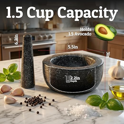 Priority Chef Heavy Duty Mortar and Pestle Set, 1.5 Cup, 100% Granite, Non Slip Base, Make Fresh Guacamole, Salsa, Pesto, Stone Grinder Bowl, Herb Crusher, Spice Grinder, 5.5 Inch - Black