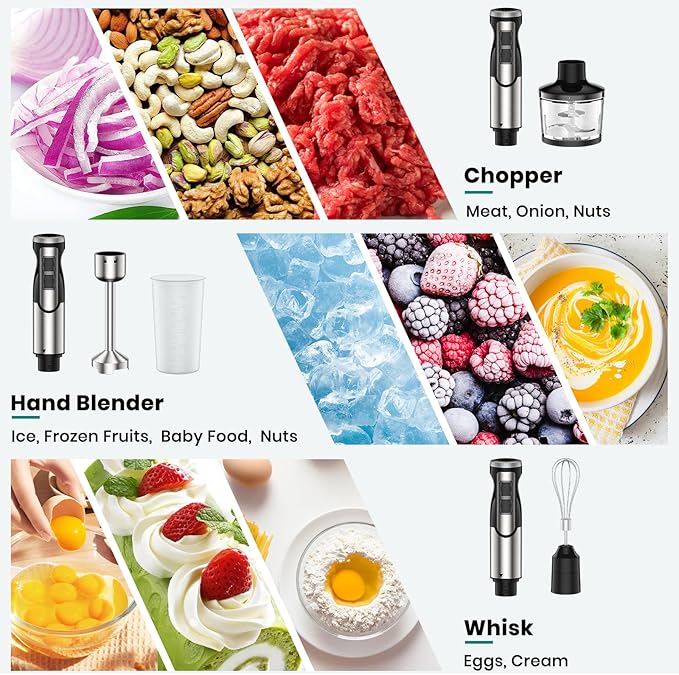 Colarlemo 1800W Immersion Blender Handheld 4-in-1 Hand Blender Stick for Ice Crushing Smoothie, Baby Food, Soup, 8 Speed Hand Mixer Turbo Boost Stainless Steel Blade with Whisk, Chopper, Beaker