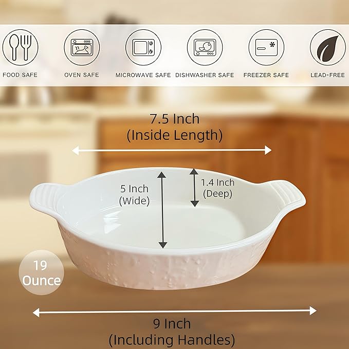 TONGDAHE Oval Au Gratin Baking Dishes Set of 4 9" x 5" 19 oz Classic white Ceramic Oven Safe & Heat Resistant With Handles for Small Mini Casseroles Cooking & Serving