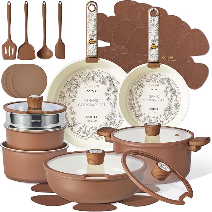 CAROTE 25-Piece Ceramic Cookware Set, Nonstick Pots and Pans Set with Detachable Handle, Non-Toxic Kitchen Cooking Set, Dishwasher & Oven Safe, Induction Compatible, PFAS Free, Chocolate