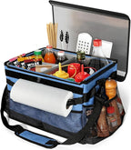 Grill Caddy, Blue Oxford BBQ Caddy with Paper Towel Holder & Lid, Collapsible Tailgating Accessories Basket, Portable griddle Bag Organizer for Outdoor Grilling, Picnic, Camping, Fishing, RV