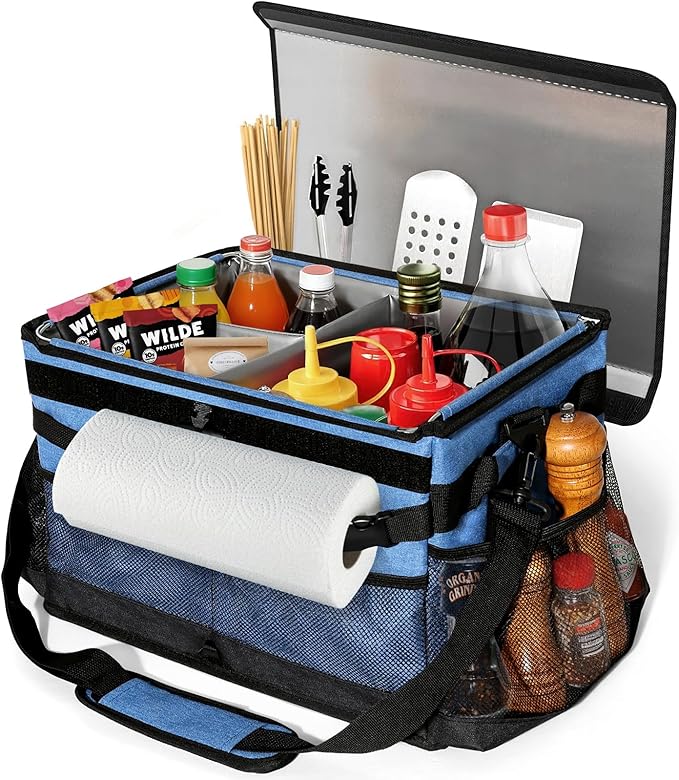 Grill Caddy, Blue Oxford BBQ Caddy with Paper Towel Holder & Lid, Collapsible Tailgating Accessories Basket, Portable griddle Bag Organizer for Outdoor Grilling, Picnic, Camping, Fishing, RV