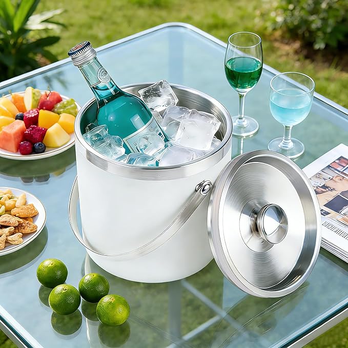 3L Double-Wall Insulated Stainless Steel White Ice Bucket with Scoop for Cocktail Bar - Metal Ice Bucket for Freezer with Lid for Parties,Camping,and More!Champagne Bucket,bar cart Accessories