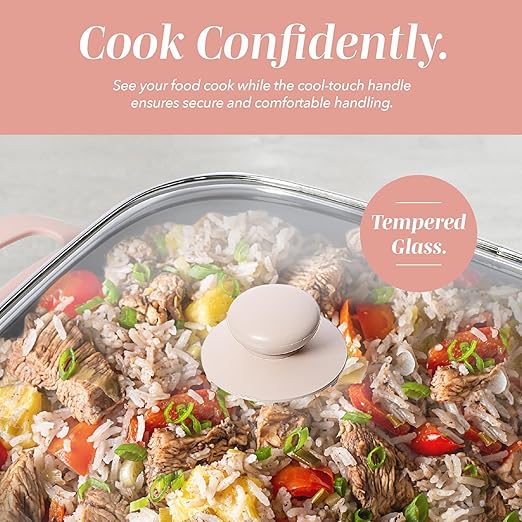 COOK WITH COLOR Electric Skillet - 12" x 12" Ceramic Nonstick Pan, PFAS-Free, 1400W, Tempered Glass Lid, Variable Temperature, Removable Heating Probe, Cool-Touch Handles, Blush