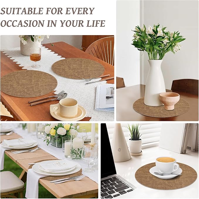 13" Round Placemats Set of 6, Reversible Faux Leather Heat Resistant Table Mats, Waterproof Oilproof Wipeable Table Protective Placemats for Vinyl, Washable for Indoor & Outdoor Use (6, Light Brown)