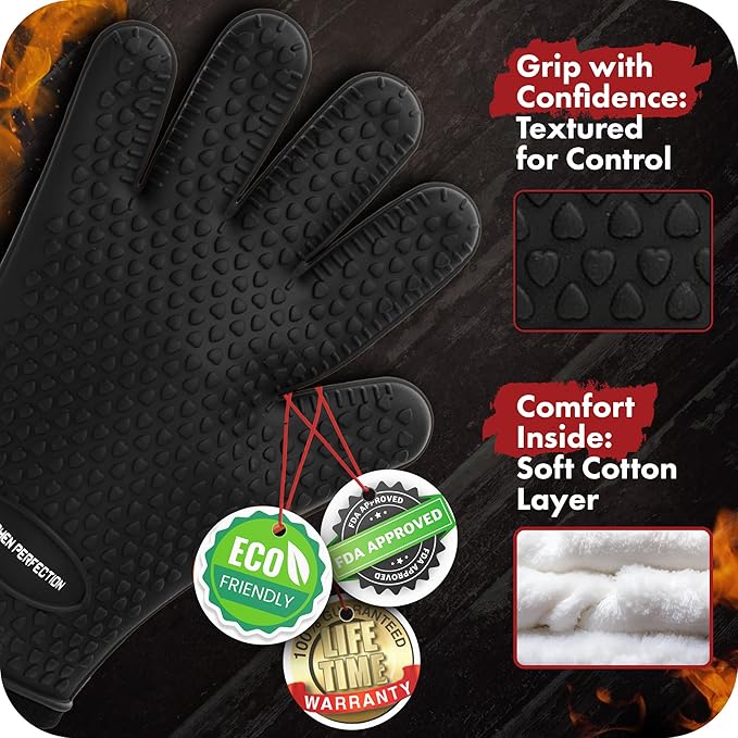 KITCHEN PERFECTION XL Silicone Smoker Oven Gloves-Extreme Heat Resistant BBQ Gloves-Handle Hot Food Right on Your Grill Fryer&Pit|Waterproof Grilling Cooking Baking Mitts|Superior Value Set+3 Bonuses