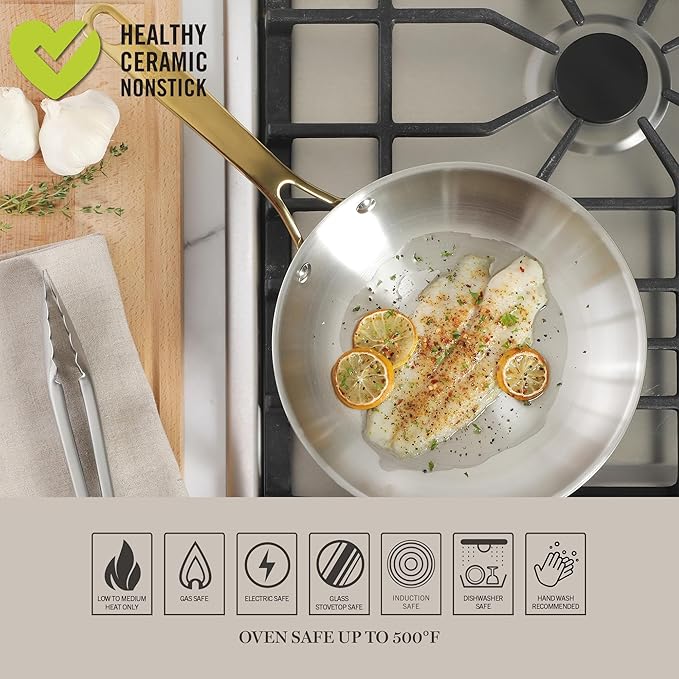 Martha Stewart Castelle 9.5-Inch Stainless Steel Frying Pan with Gold-Tone Handle – Tri-Ply Encapsulated Bottom, Oven Safe & Induction Safe Skillet for Searing and Sautéing