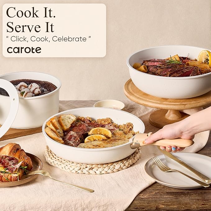 CAROTE Pots and Pans Set Non Stick, Cookware Sets, Kitchen Set, Oven/Dishwasher/Fridge Safe, Space Saving Pots Set, Nonstick Set with Versatile Detachable Handle, Induction RV Set, Cream