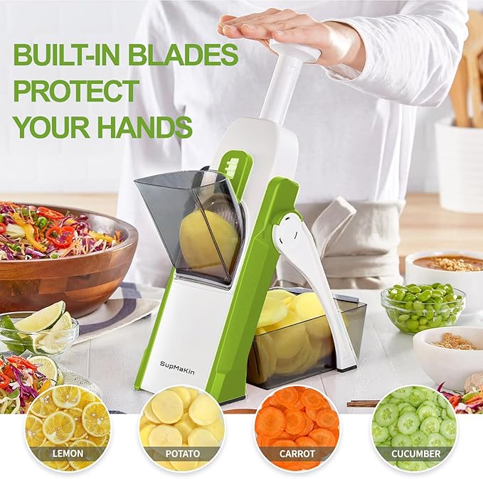 SupMaKin Upgrade Safe Mandoline Slicer, Vegetable Chopper, Potato Slicer 4 Modes Adjustable Thickness Food Cutter, Kitchen Chopping Artifact (6 in 1 Green)