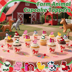 24 PCS Farm Animal Cupcake Toppers Rubber Cupcake Ring Horse Cow Farmhouse Chicken Pig Sheep Cake Toppers for Birthday Baby Shower Barnyard Tractor Theme Party Supplies Decorations