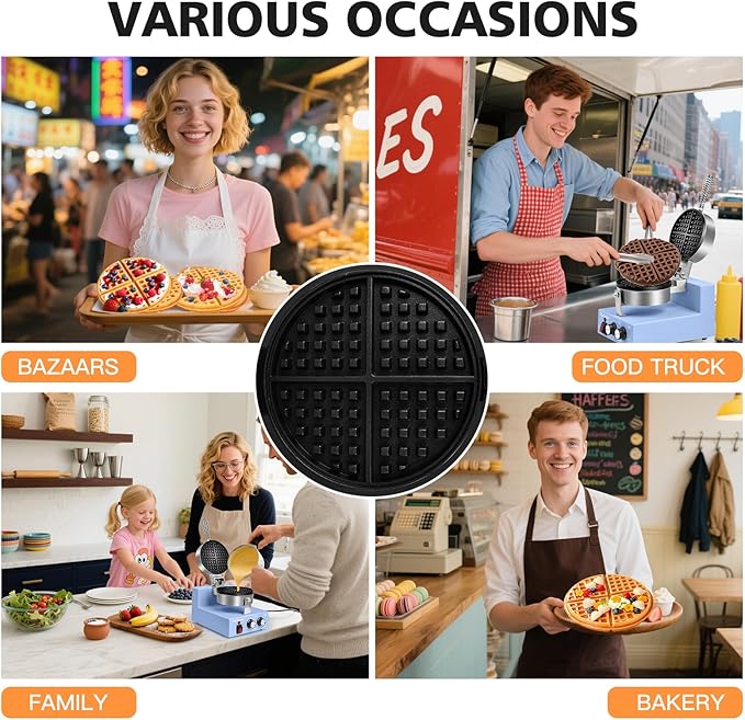 Commercial Waffle Maker for Restaurant, 110V Electric Waffle Maker w/Non-stick and 122–572°F Adjustable Temp, 1200W Profession Waffle Iron with Timer and Heavy Duty, Hotel Waffle Machine