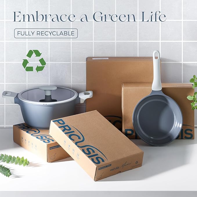 PRICUSIS Ceramic Pots and Pans Set Nonstick, 21Pcs Nontoxic Induction Cookware Set, 100% Dishwasher Safe, Stay Cool Handle, Fully Coated, PTFE PFOA & PFAS Free (Blueberry Gray）