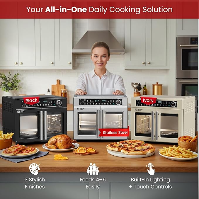 Magic Mill 32QT Dual Zone Air Fryer Oven – Ivory Cream, 13 Accessories, 10-in-1 Functions, Sync Finish, Rotisserie, LED Display, Family-Size French Door Convection Oven