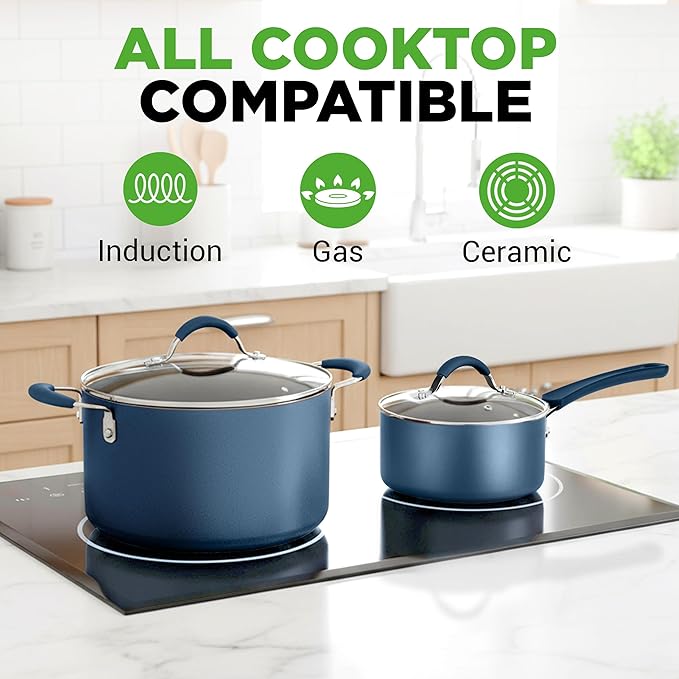 NutriChef Professional 20 Pc Pots and Pans Set Non Stick in Navy Blue - Includes Bakeware & Utensils, Induction Ready, Easy Clean