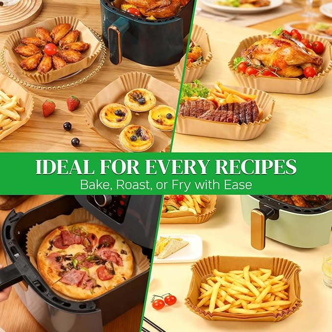 BYKITCHEN 300PCS Disposable Air Fryer Paper Liners for Ninja AF141 5 QT Pro AF181 6.5QT, Cosori Chefman 6 QT &Other 5 to 8Qt Airfryer, 8in Square Air Fryer Parchment Paper, Airfryer Basket Accessories