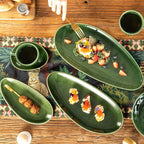 vicrays Large Oval Serving Platters, 16"/14"/10" Porcelain Serving Platters for Party, BBQ,Stackable Serving Trays Serving Plates for Appetizers, Sushi, Restaurant, Set of 3 (Green)