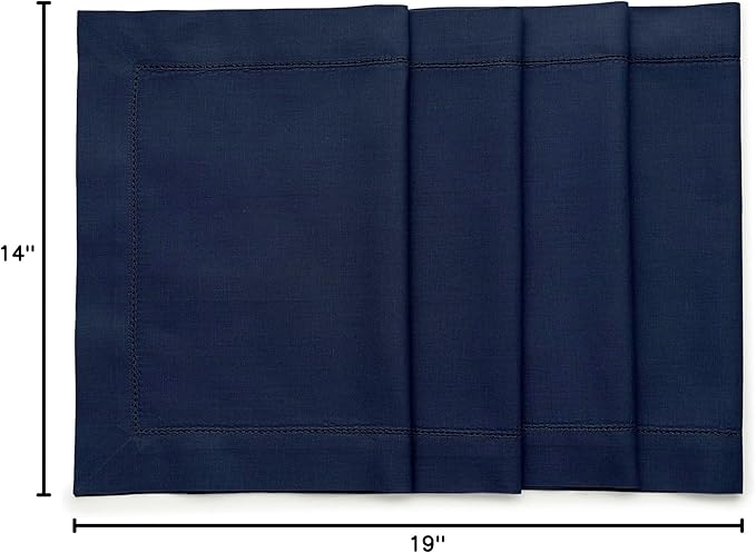 Solino Home Navy Blue Placemats Set of 4 - Cotton Linen Hemstitch Placemats 14 x 19 Inch for Winter, New Year