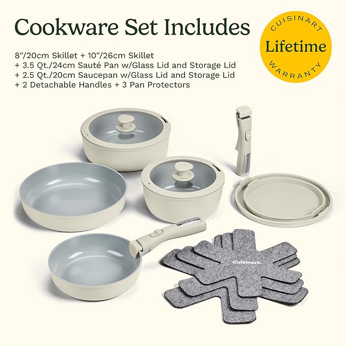 Cuisinart 13-Pc ClickSmart Nonstick Detachable Handle Ceramic Cookware, Pots and Pans Set, Stackable Space-Saving Design, Compatible with All Stovetops, Induction & Oven Safe, PURELYCERAMIC