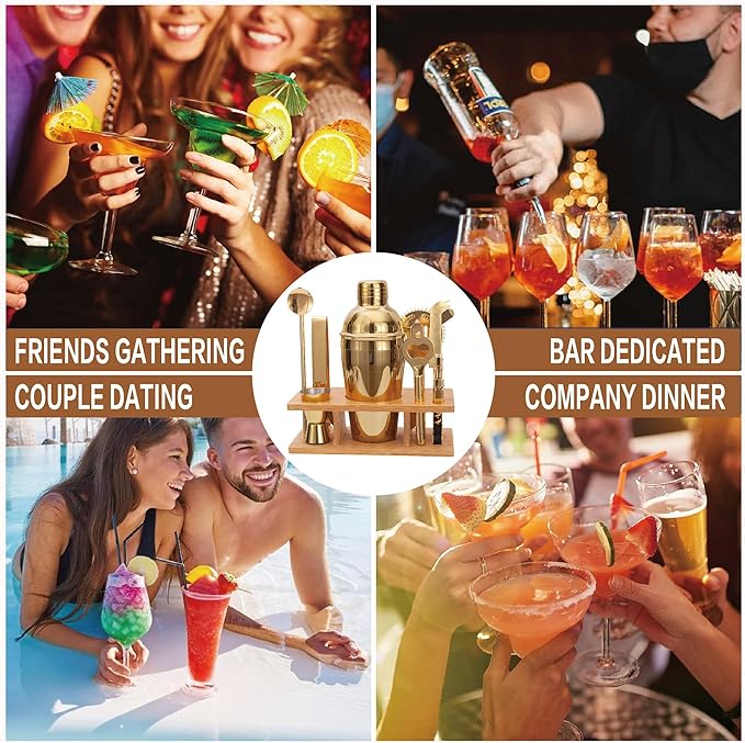 JNWINOG 9Pcs-Cocktail Shaker Set Bartending Kit Cocktail Bar Set Cocktail Mix Drink Making Kit Professional Bar and Home Drink Bar Tools for Bartender (Gold, 9Pcs)