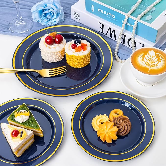 NOCCUR 200PCS Navy Blue Plastic Plates for 100 Guests - Include 100PCS 10" Dinner/ 100PCS 7" Dessert Disposable Plates Heavy Duty - Ideal for Party/Christmas/Hanukkah
