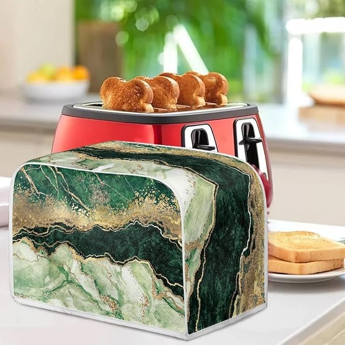 JEOCODY Teal Gold Marble Toaster Cover With Handle - 2 Slice Appliance Cover for Bread Maker, Kitchen Small Appliances, Universal Size Microwave Oven - Dustproof