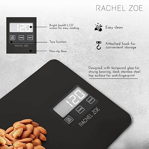 Rachel Zoe Digital Kitchen Food Scale with Non-Slip Base for Home and Kitchen, Measures in Pounds, Grams, Milliliters & Kilograms, Battery Operated Aluminum Electric Scale for Meals, Baking & Diets