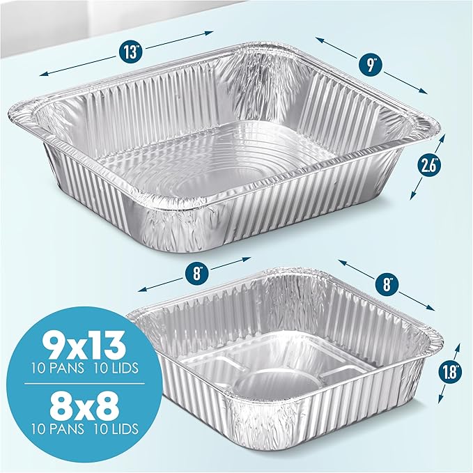Diplastible Disposable Aluminum Pans With Lids, 9x13 (10pc) And 8x8 Square (10pc) Combo Set, Disposable Baking and Cake Pan (Pack of 20)