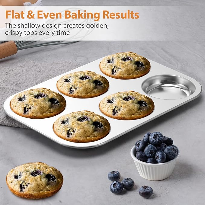 E-far Muffin Top Pan Set of 3, Stainless Steel 6-Cavity Shallow Cupcake Pan for Baking Whoopie Pie, Yorkshire Pudding, Eggs, Cornbread, Drop Cookies, Non-toxic & Standard Size, Oven & Dishwasher Safe