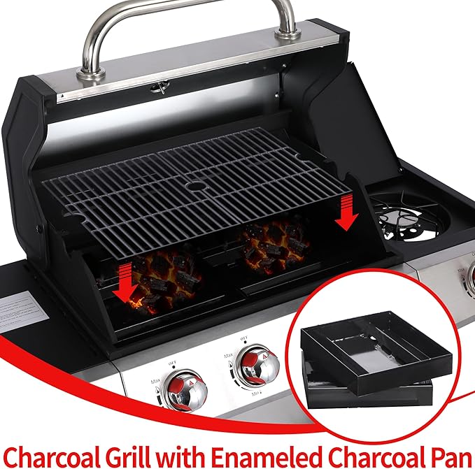 Griddle Grill Combo, Propane Gas and Charcoal Grill Combo, Outdoor BBQ Grills, 4 Burner Propane Stove with Griddle, Cast Iron Grates, Side Burner & Prep Space