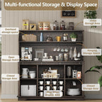 55 Inch Farmhouse Coffee Bar Cabinet with 3-Tier Enclosed Storage Cabinet, Kitchen Hutch with 12 Wine Racks & 3 Glass Holders, Coffee Bar with 6 Hooks, Wood Furniture for Dining Living Room, Oak