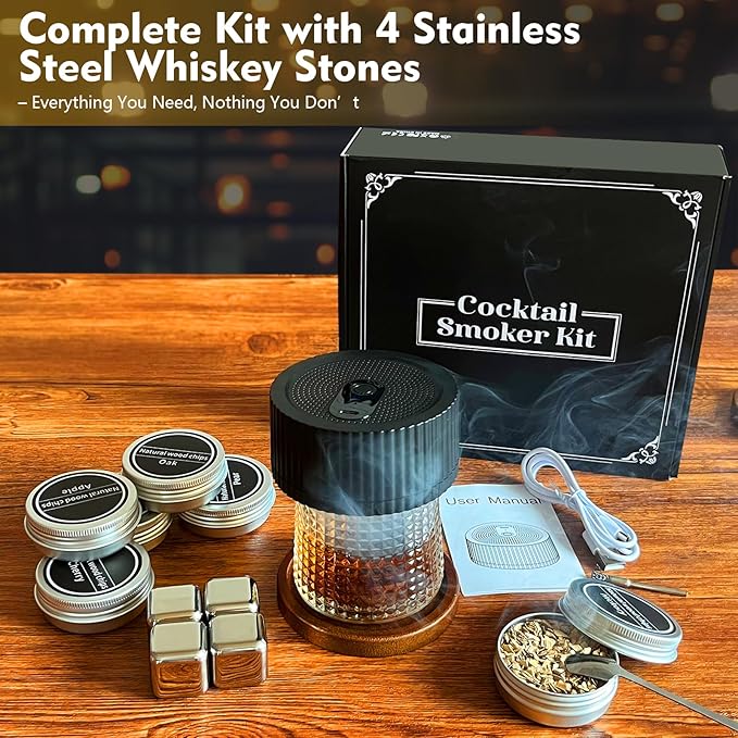 Electric Whiskey Smoker Kit Cocktail Smoker Kit with 6 Wood Chip Flavors Old Fashioned Drink Smoker Kit for Bourbon Whiskey Cocktails Home Bar Accessories Whiskey Gifts for Men Dad Husband