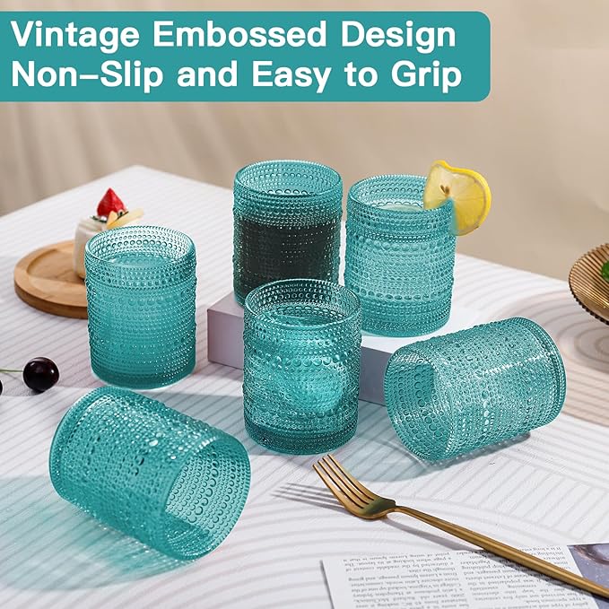 JOVGANK Mint Green Vintage Hobnail Drinking Glasses Set of 6, Embossed Water Tumbler 12oz, Kitchen & Bar Beaded Glass Cups, Beverage Glass Cups for Water, Beer, Juice, Housewarming, Mother's Day Gift