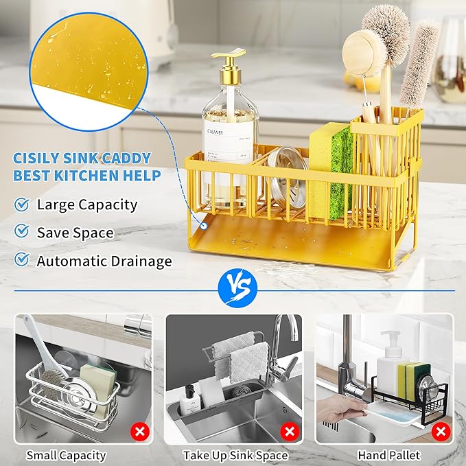 Cisily Lemon Yellow Sink Caddy Organzier with High Brush Holder, Sponge Holder for Sink, 304 Rustproof Stainless, Kitchen Countertop Soap Dispenser Organizer, Lemon Kitchen Decor and Accessories
