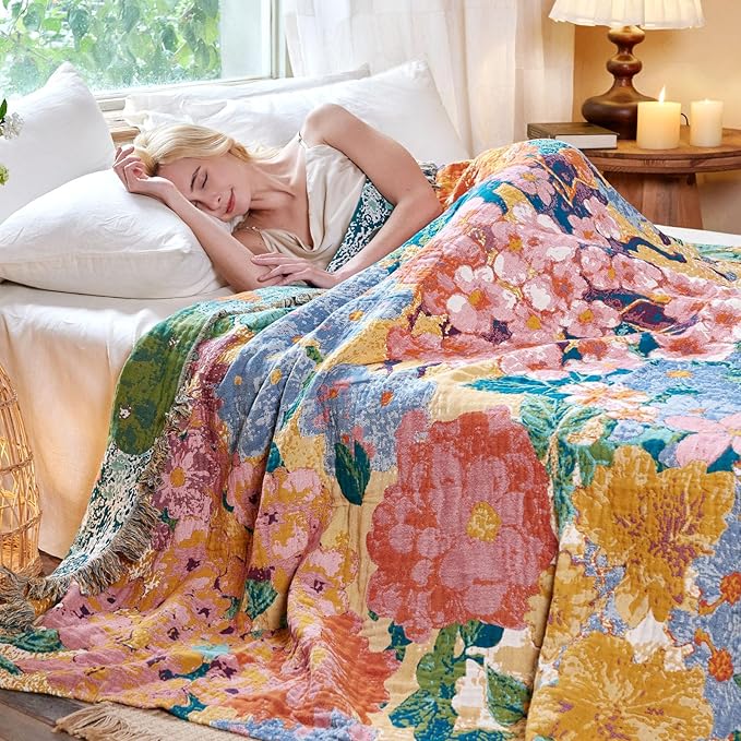MSGKV Boho Throw Blanket for Bed 60"x80" Cotton Floral Twin Size Couch Blankets All Seasons Lightweight Muslin Breathable Farmhouse Blankets