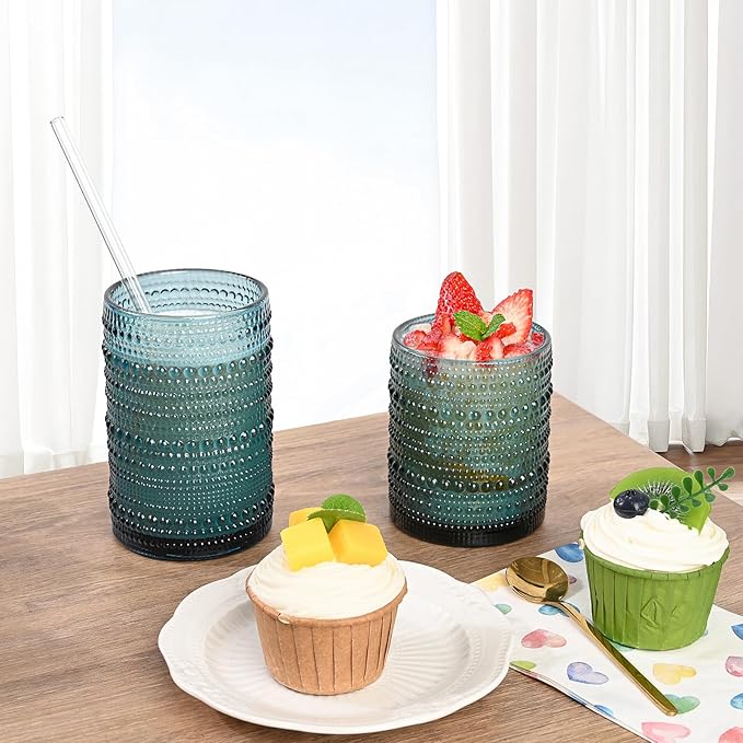 ZMOWIPDL Vintage Hobnail Drinking Glasses Set of 8,Blue 12 oz & 15oz Highball Glass Cups,Kitchen Drinkware Glassware,Embossed Water Tumbler,for Beer,Cocktail,Whiskey,Juice and Various Mixed Drinks
