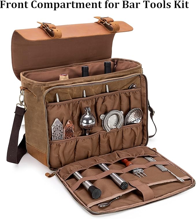 Lodrid Vintage Bartender Kit Bag with Flexible Compartments for Wine, Leather Waxed Canvas Bartender Tote with Removable Dividers, Bar Bag with Handle and Shoulder Strap, Case Only, Patent Design