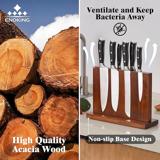 Magnetic Knife Block, Universal Knife Holder Stand with Strong Enhanced Magnets for Safe and Multifunctional Knife Storage, 12.5-In Acacia Wood Knife Holder for Home Kitchen