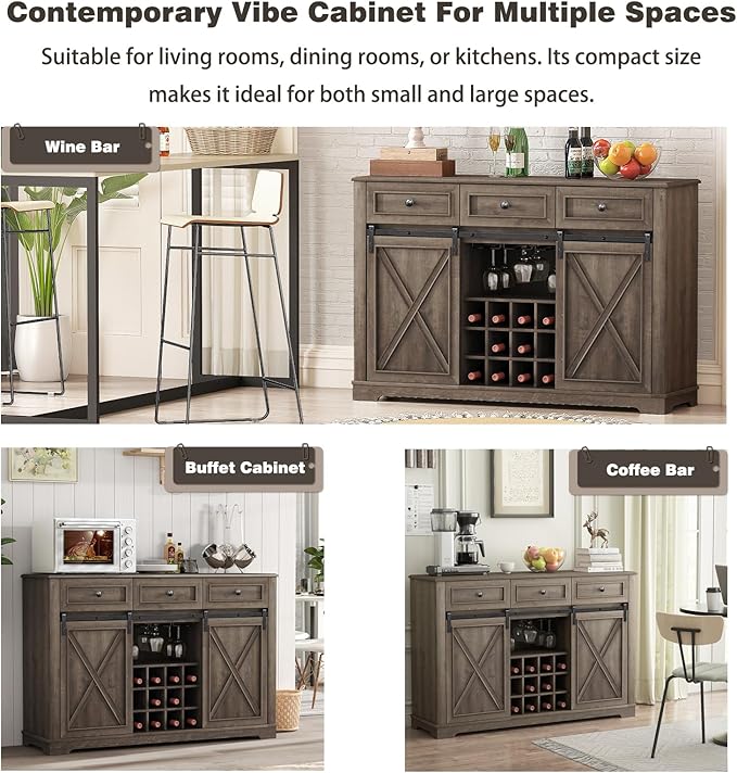 Farmhouse Wine Bar Cabinet with Storage, Liquor Cabinet with Rack for Inside Cabinet, Coffee Bar Cabinet with Sliding Barn Door, Buffet Table for Kitchen, Living Room, 54 Inch (Antique Brown)