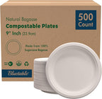 Compostable Paper Plates 9 Inch Bulk Plates [500 Case Pack] - Biodegradable Made from 100% Sugarcane - Heavy Duty Disposable - Eco Friendly - Bagasse Dinner Plates Natural Recycled Plate [500 Case]